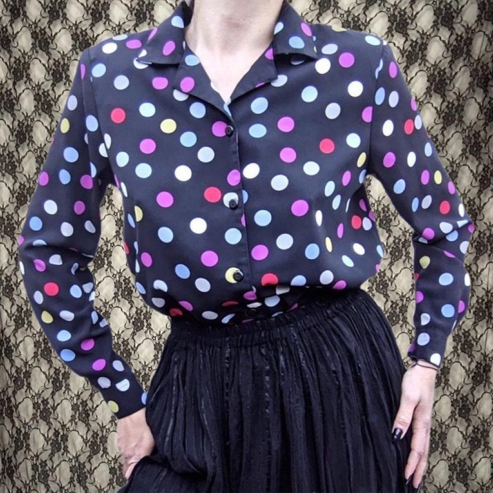 vintage 90s polka dot long sleeved collared button up shirt alfred dunner sz 8